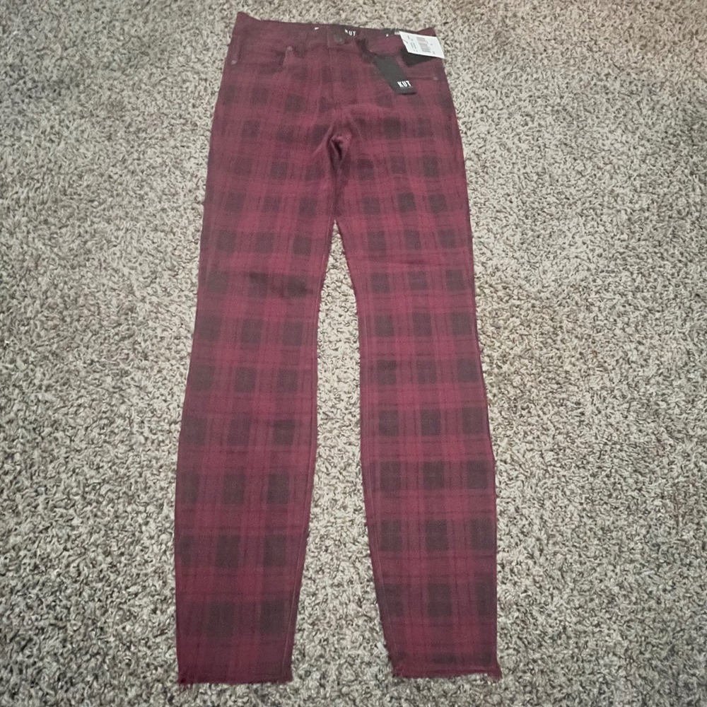 Kut from the Kloth Connie High Rise Ankle Skinny Plaid Jeans Burgundy Size 0 NWT
